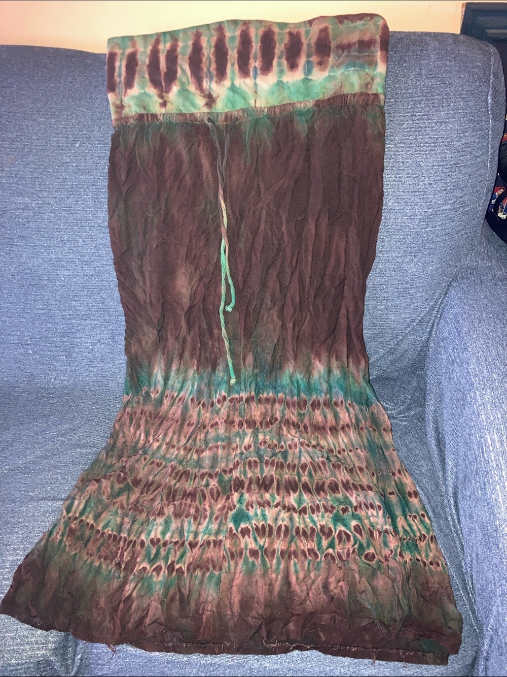 Vintage Y2K Solitaire Brown and Teal Tie-Dye Maxi Skirt with Drawstring Waist